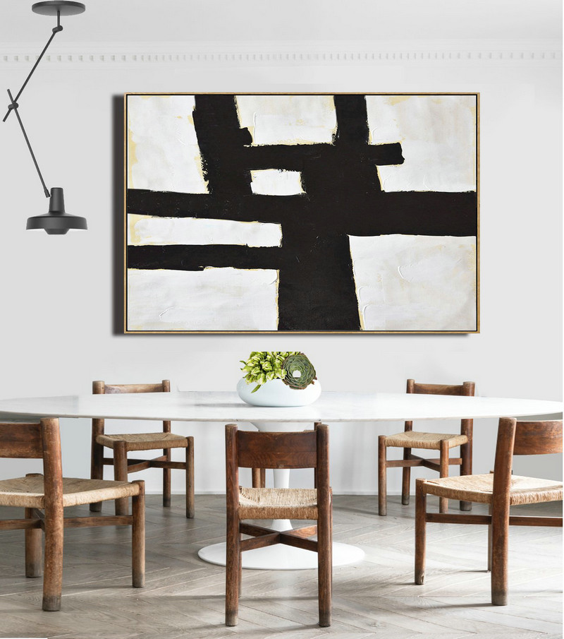 Large Contemporary Art Canvas Painting,Horizontal Palette Knife Minimal Canvas Art Painting Black White Beige - Abstract Paintings On Sale